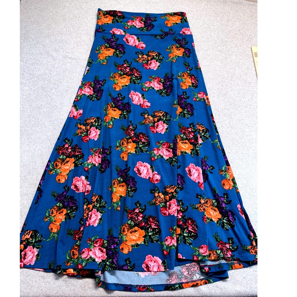 LuLaRoe Maxi Skirt Womens XL Blue Floral Lola Fold Over Waist Boho A-Line Flowy